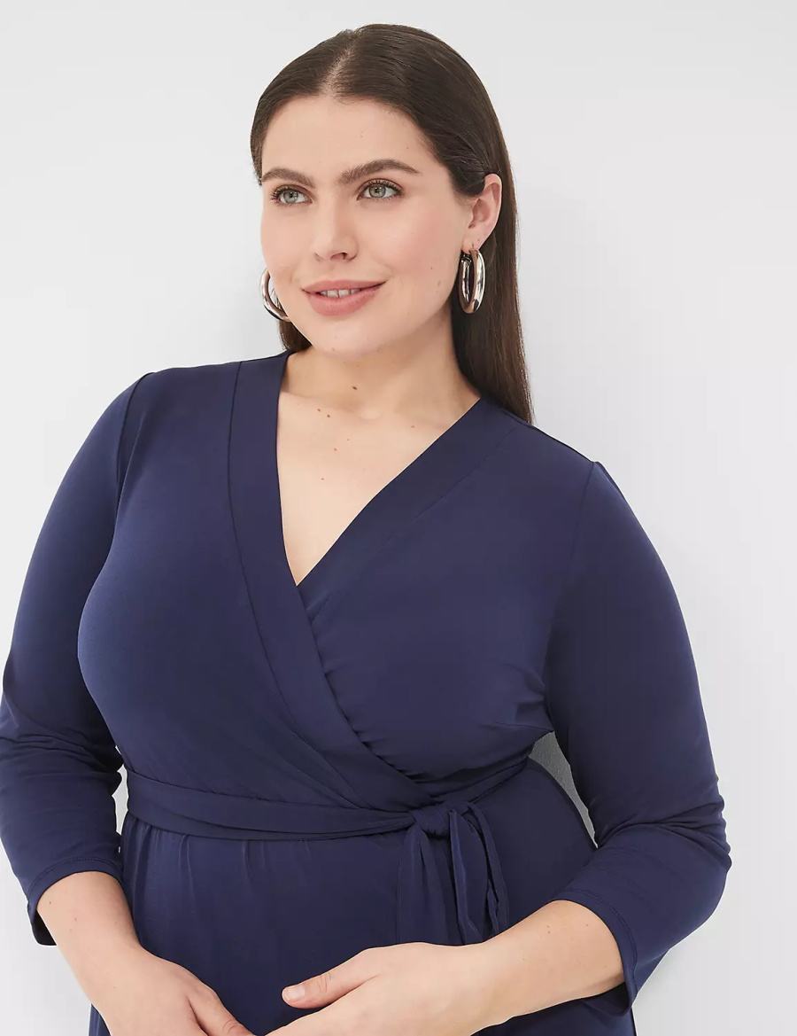 Lane Bryant 3/4-Sleeve Faux-Wrap Jersey Women Midi Dress Blue | RWO982HG