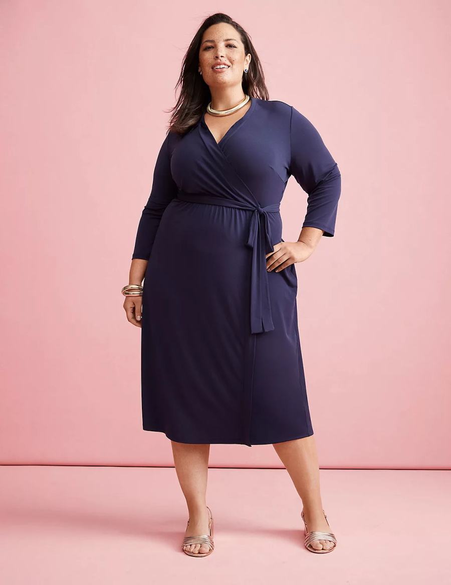 Lane Bryant 3/4-Sleeve Faux-Wrap Jersey Women Midi Dress Blue | RWO982HG