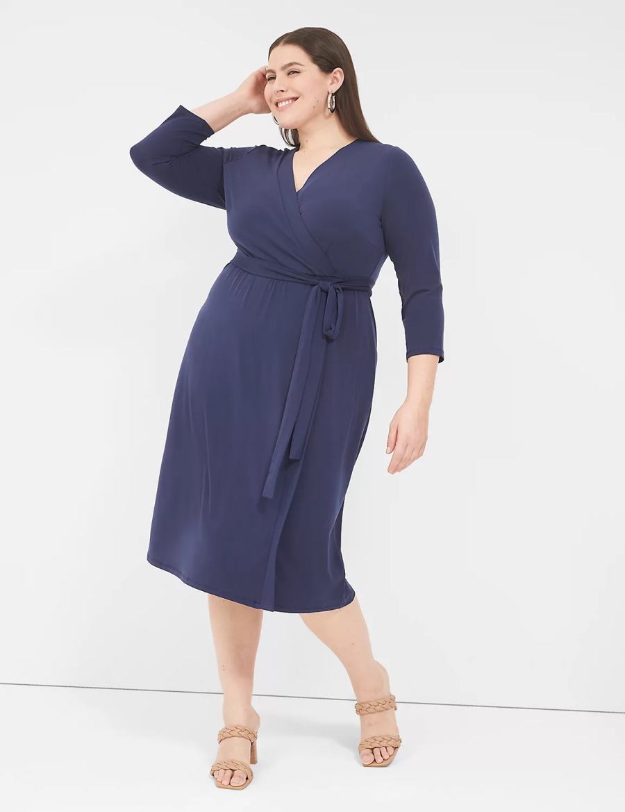 Lane Bryant 3/4-Sleeve Faux-Wrap Jersey Women Midi Dress Blue | RWO982HG