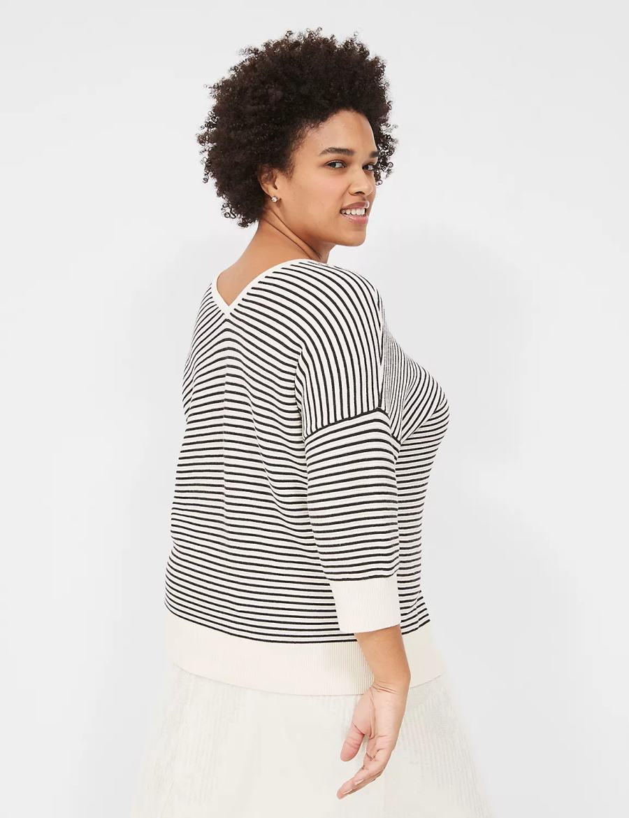 Lane Bryant 3/4-Sleeve V-Neck Striped Women Sweaters White Black | CUR9224WY