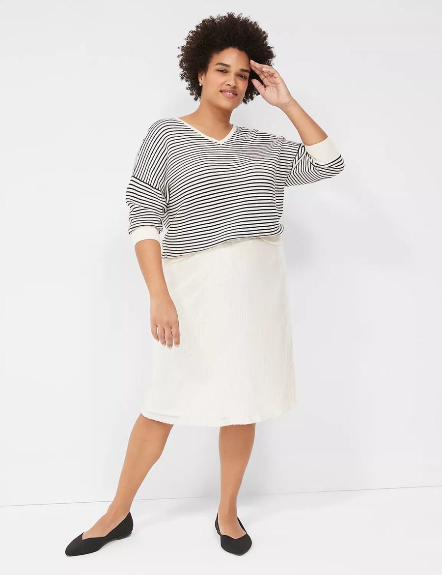 Lane Bryant 3/4-Sleeve V-Neck Striped Women Sweaters White Black | CUR9224WY