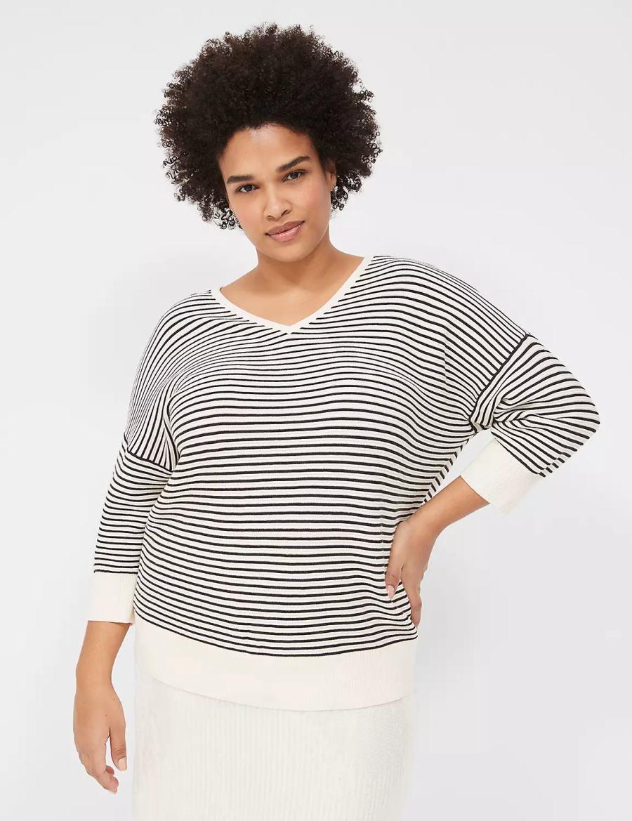 Lane Bryant 3/4-Sleeve V-Neck Striped Women Sweaters White Black | CUR9224WY