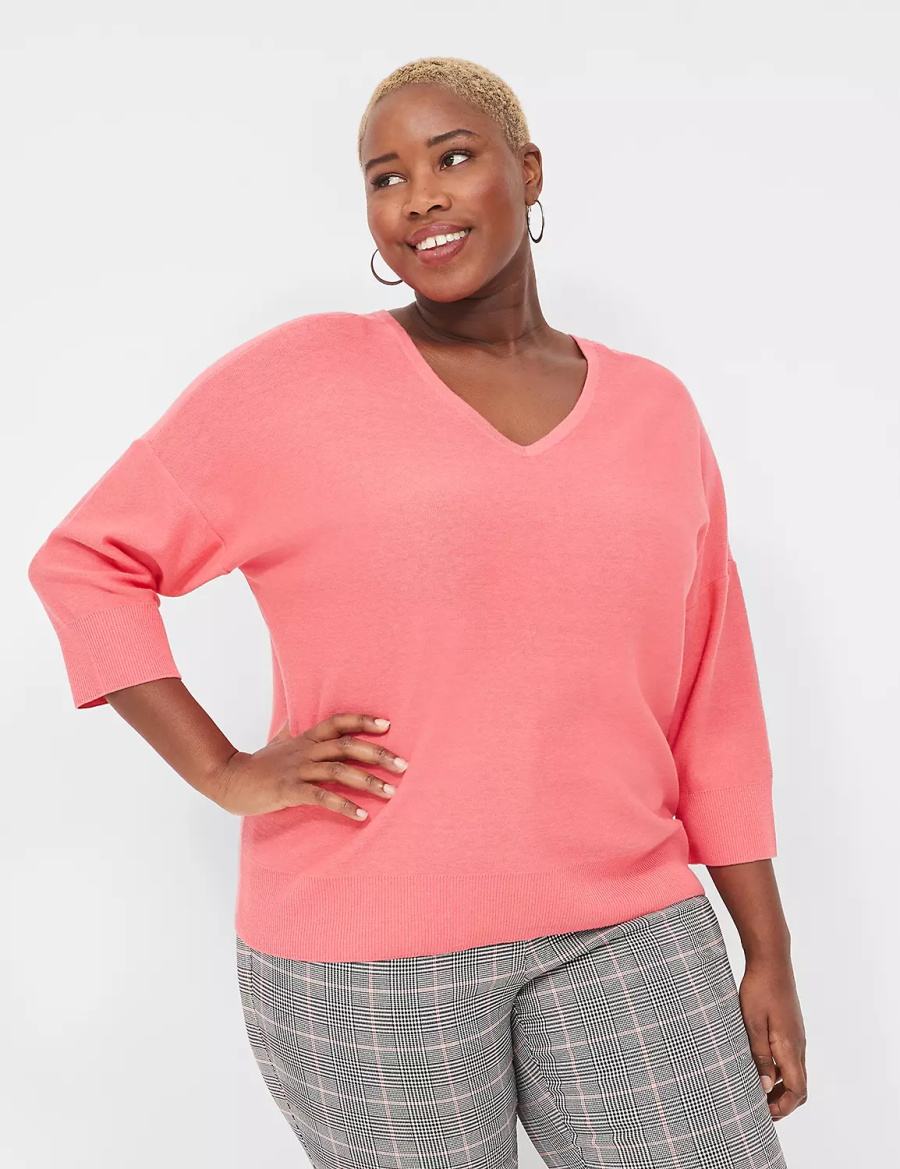 Lane Bryant 3/4-Sleeve V-Neck Women Sweaters Coral | EXI9958DH