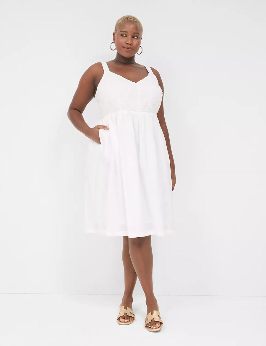 Lane Bryant Applique-Bodice Smocked-Back Women Midi Dress White | BGF7766DS