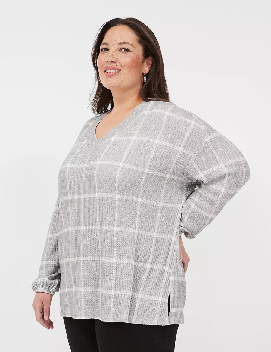 Lane Bryant Blouson-Sleeve V-Neck Waffle Tunic Women T Shirts Grey | RVB877VH