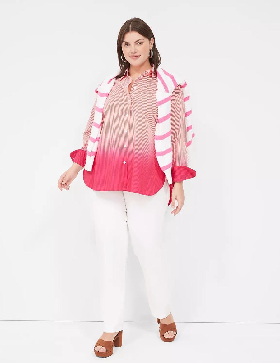 Lane Bryant Button-Down Boyfriend Women Shirts Pink Stripes | EOH2270TO