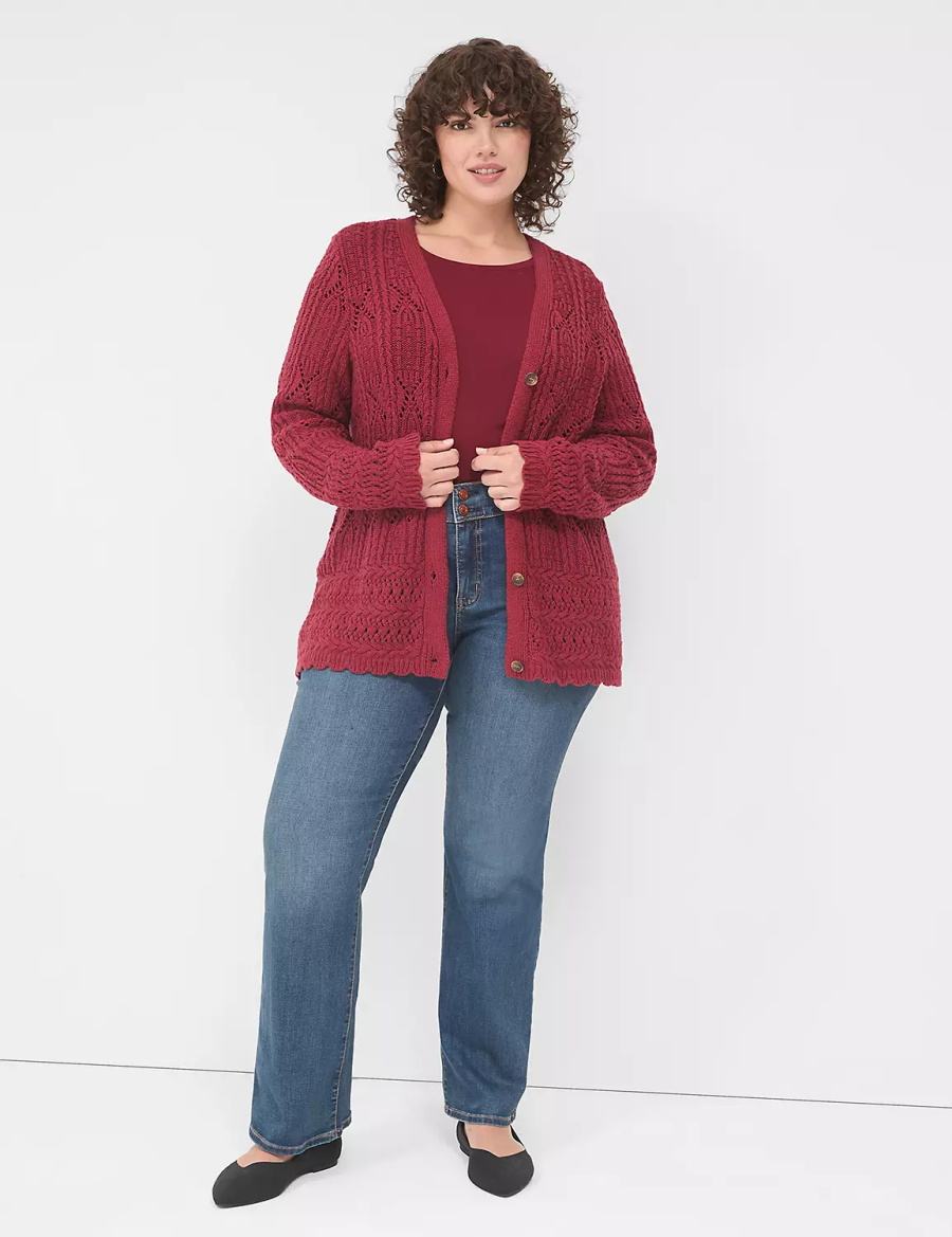 Lane Bryant Button-Front Pointelle Women Cardigan Deep Red | OGJ968RL