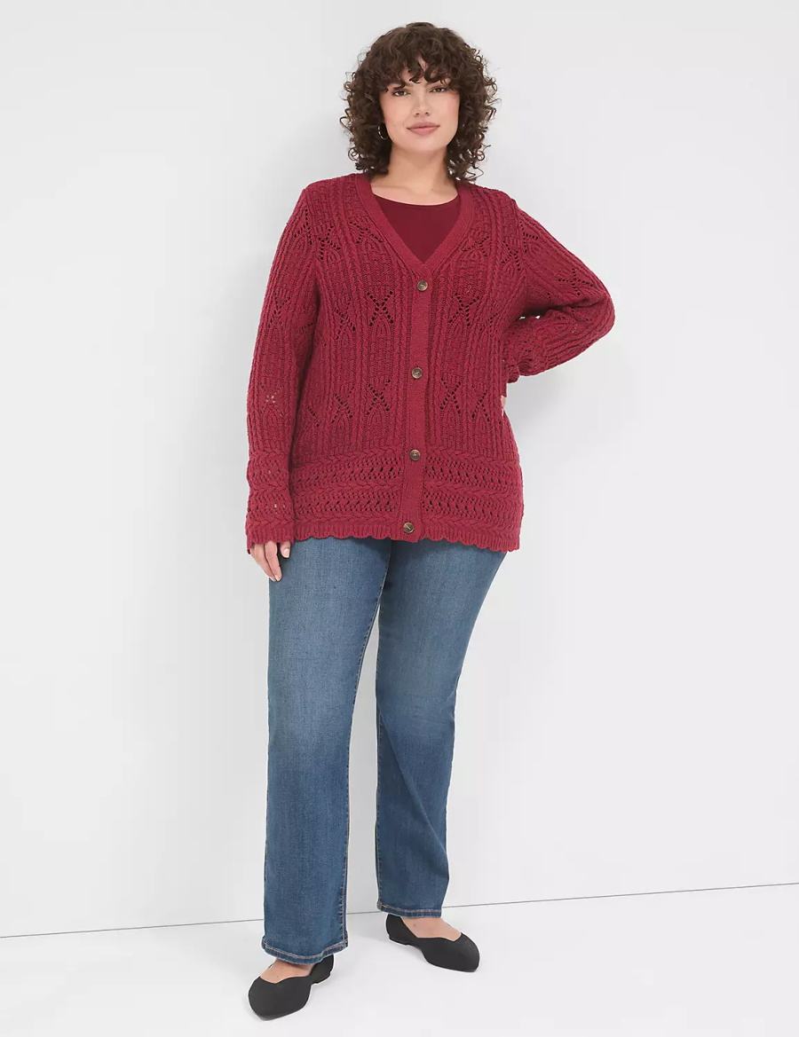 Lane Bryant Button-Front Pointelle Women Cardigan Deep Red | OGJ968RL