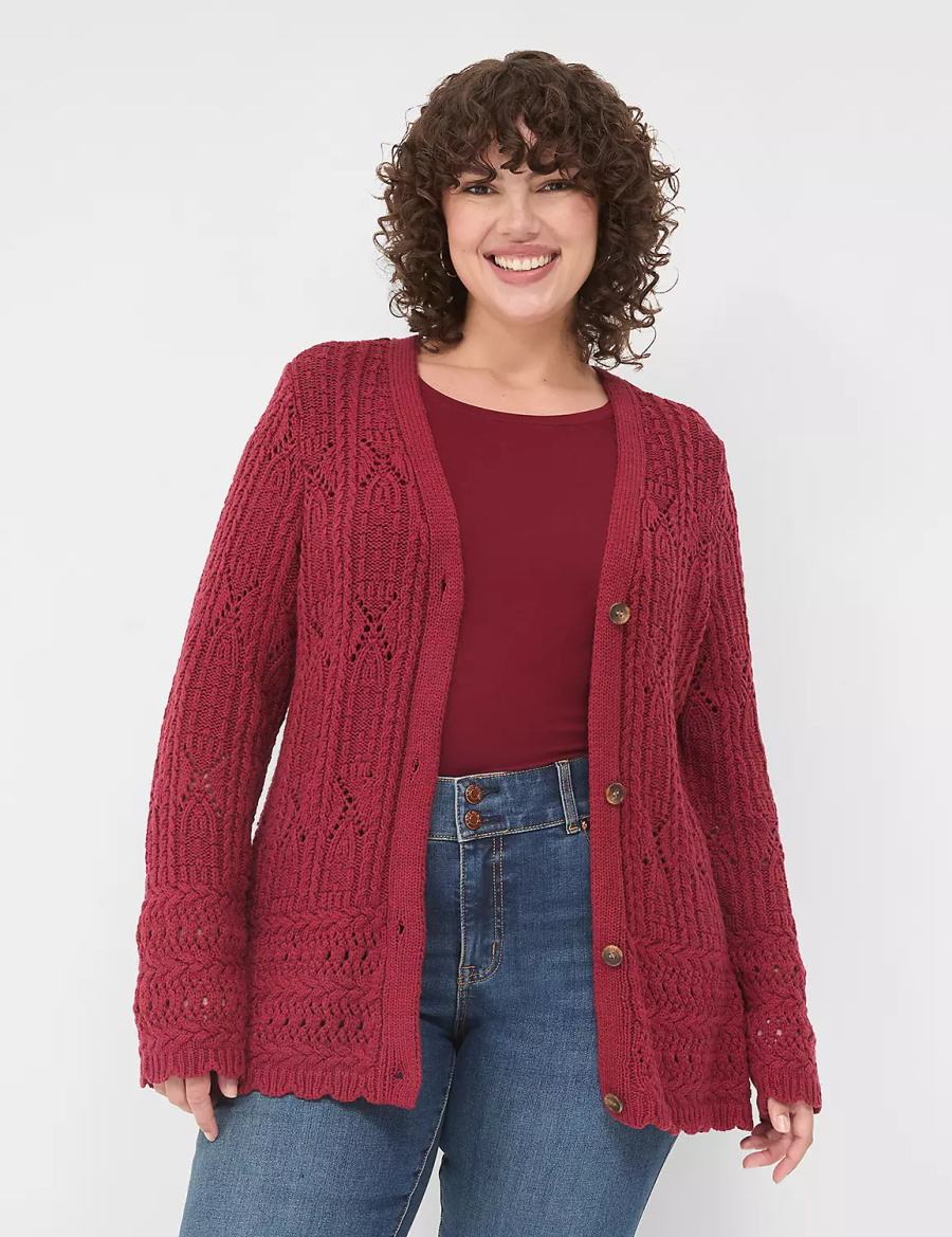 Lane Bryant Button-Front Pointelle Women Cardigan Deep Red | OGJ968RL