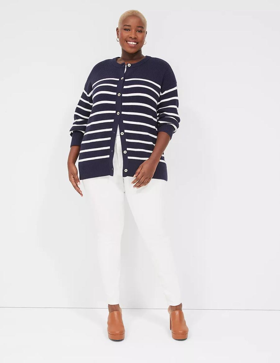 Lane Bryant Button-Front Stripe Women Cardigan Blue | OZG872WR