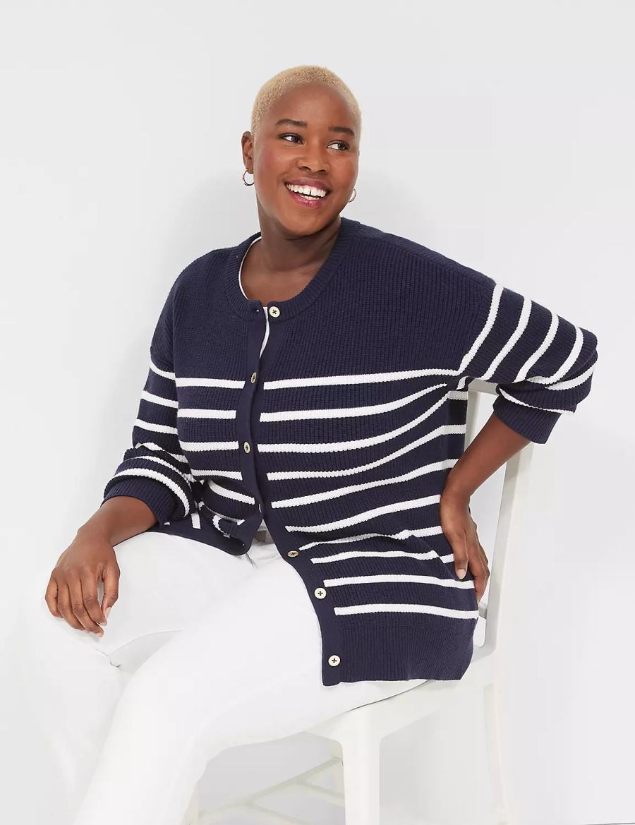 Lane Bryant Button-Front Stripe Women Cardigan Blue | OZG872WR