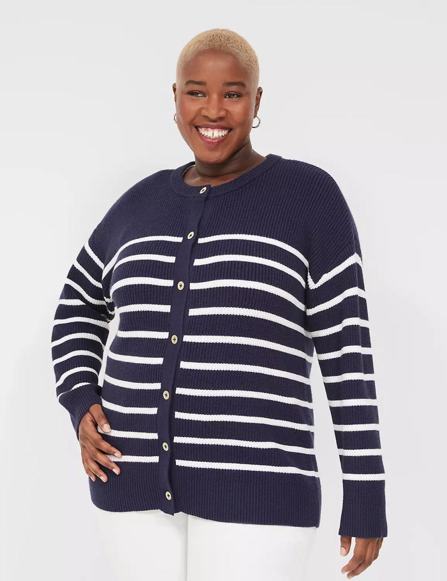 Lane Bryant Button-Front Stripe Women Cardigan Blue | OZG872WR