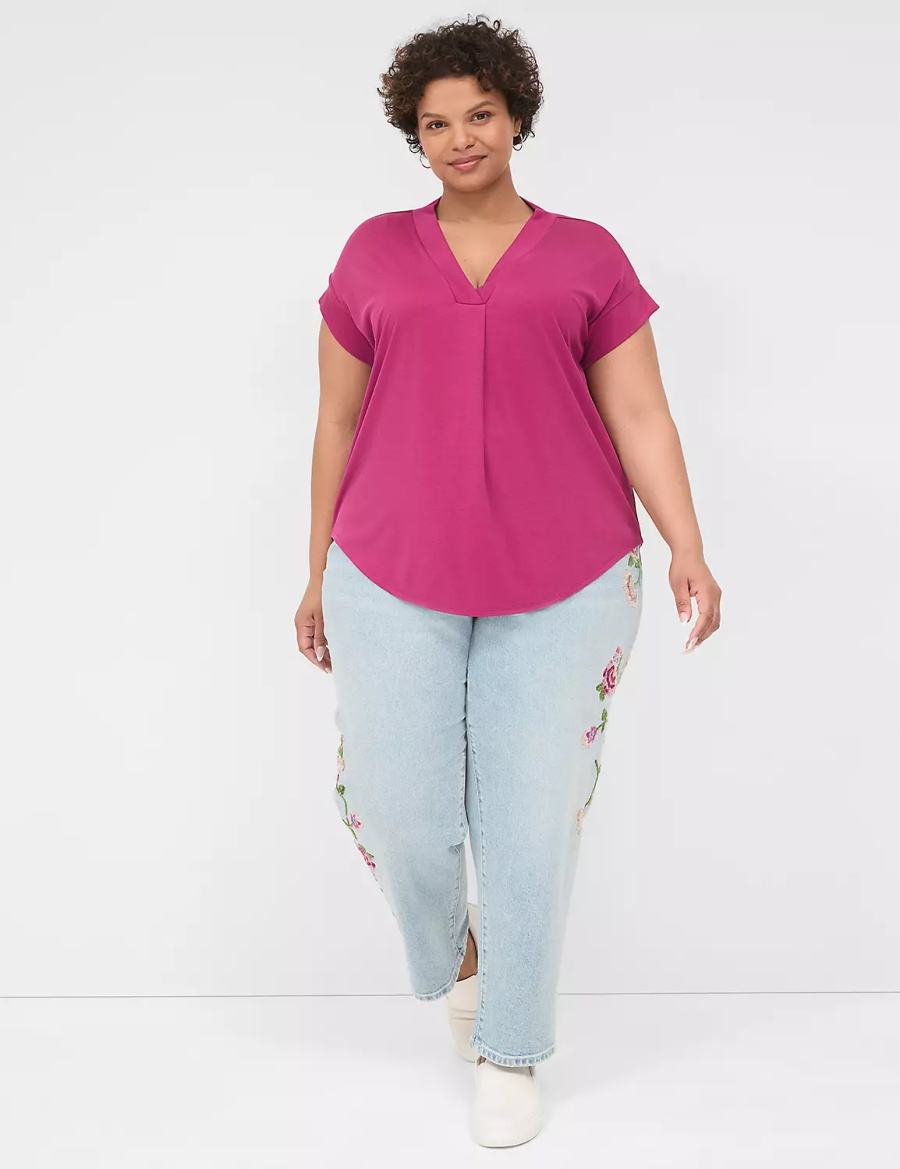 Lane Bryant Cap-Sleeve V-Neck Pleat-Front Top Women T Shirts Purple | AJL2277MV