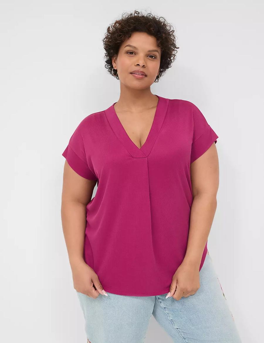 Lane Bryant Cap-Sleeve V-Neck Pleat-Front Top Women T Shirts Purple | AJL2277MV