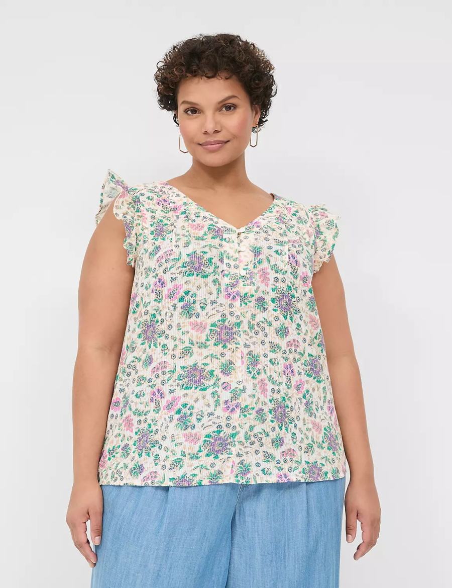 Lane Bryant Cap-Sleeve Woven & Knit Top Women T Shirts Cream Green | XQP735HC