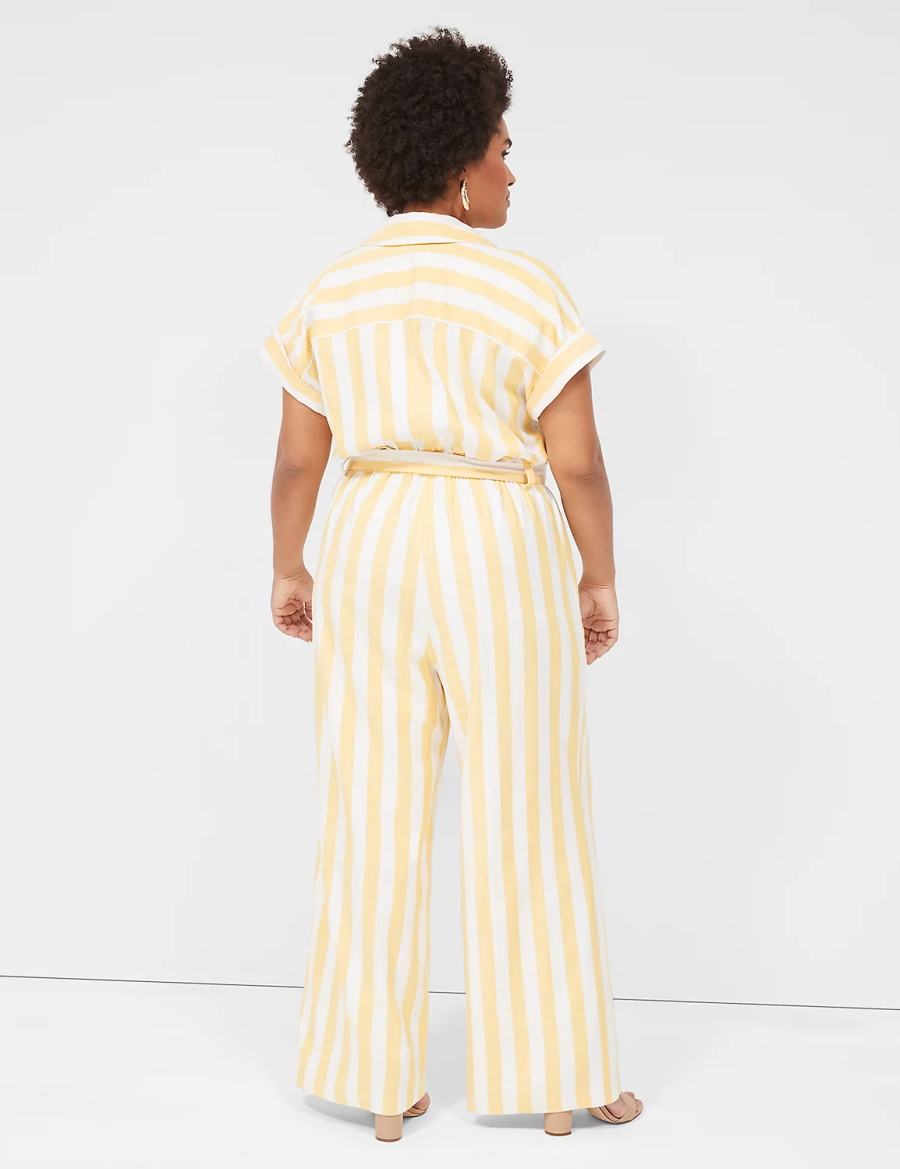 Lane Bryant Cap-Sleeve Y-Neck Utility Women Jumpsuit Yellow Stripes | EXY3187XM