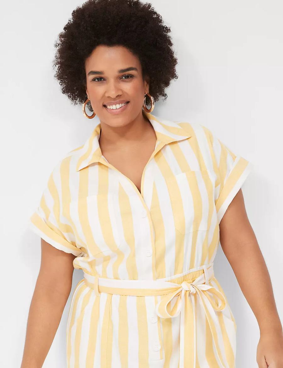 Lane Bryant Cap-Sleeve Y-Neck Utility Women Jumpsuit Yellow Stripes | EXY3187XM