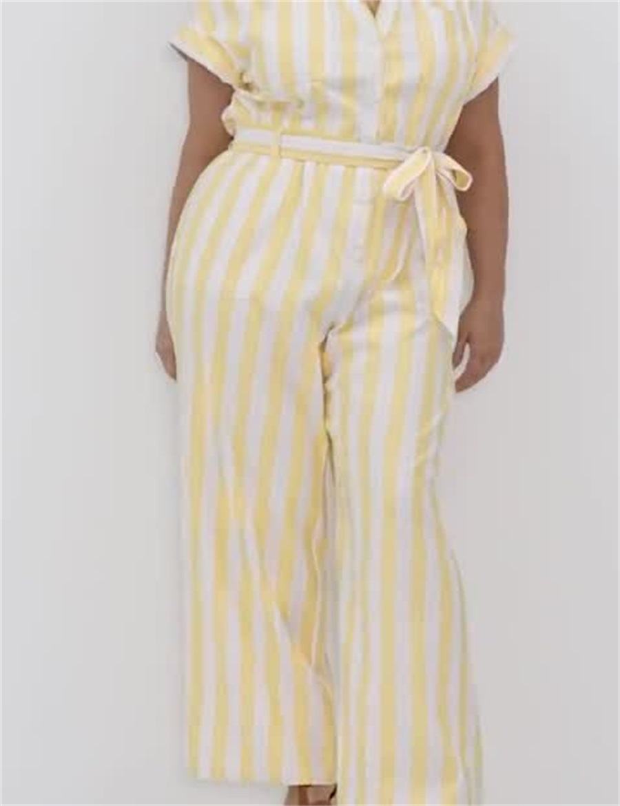 Lane Bryant Cap-Sleeve Y-Neck Utility Women Jumpsuit Yellow Stripes | EXY3187XM