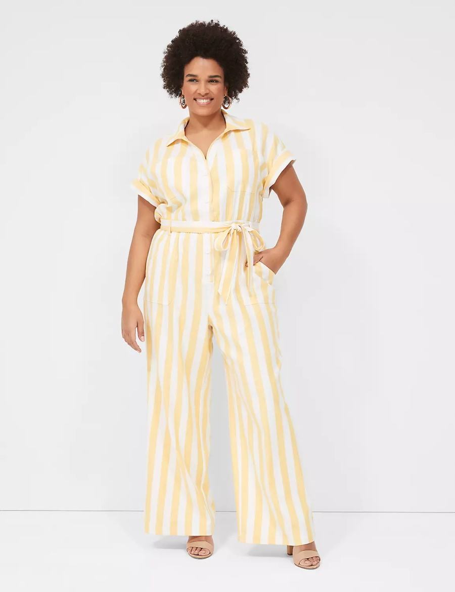 Lane Bryant Cap-Sleeve Y-Neck Utility Women Jumpsuit Yellow Stripes | EXY3187XM