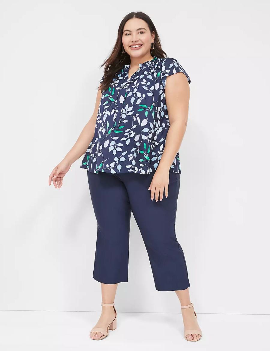 Lane Bryant Cap Flutter-Sleeve Satin & Knit Top Women T Shirts Navy | UXD7548JE