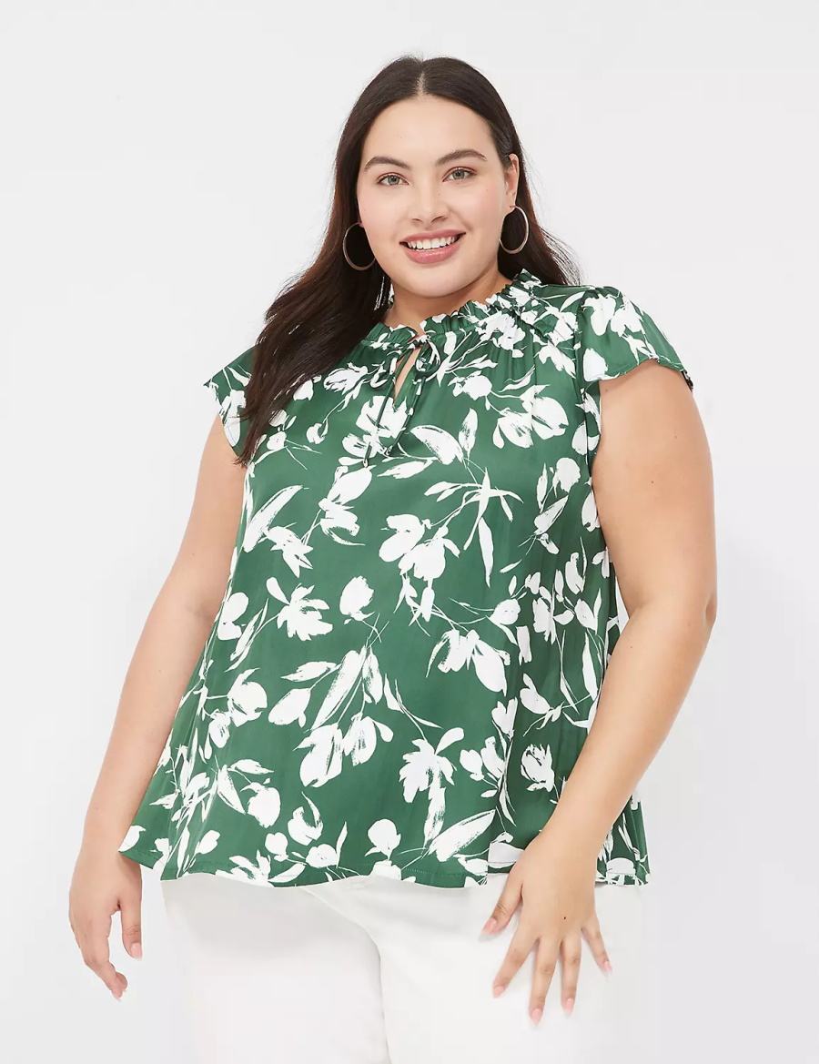 Lane Bryant Cap Flutter-Sleeve Satin & Knit Top Women T Shirts Green | GFY6632GQ