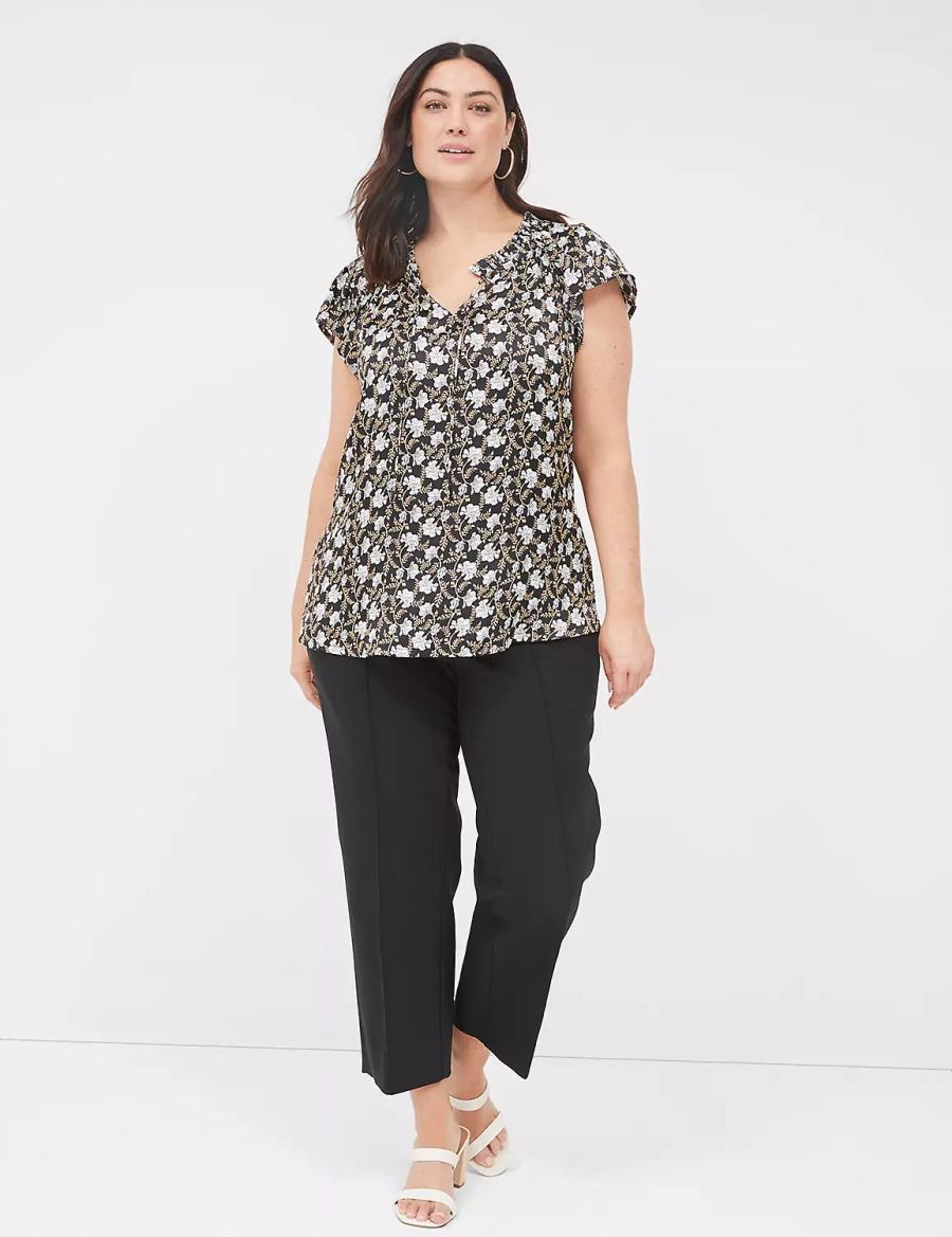 Lane Bryant Cap Flutter-Sleeve Satin & Knit Top Women T Shirts Black | KDZ9023ZX