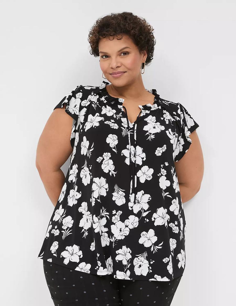 Lane Bryant Cap Flutter-Sleeve Top Women T Shirts Black White | EZA21KY