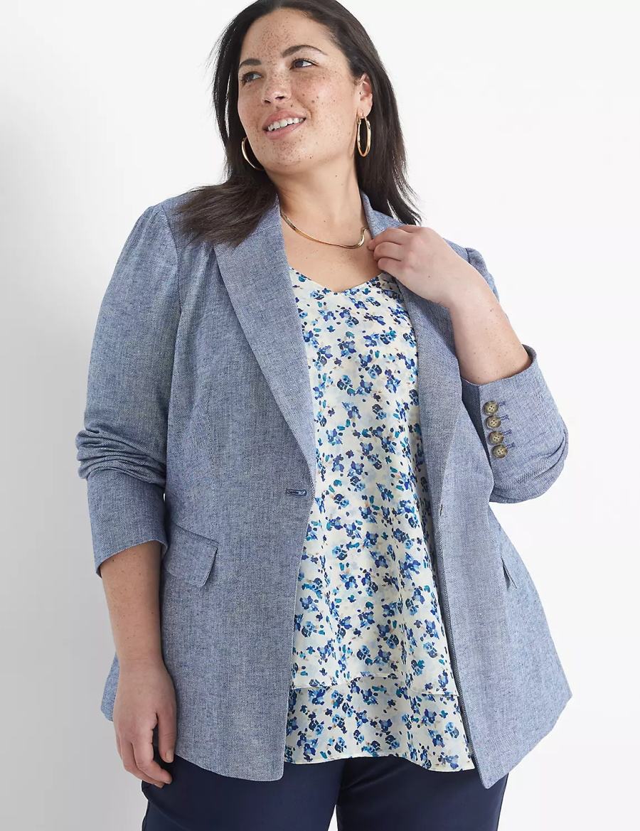 Lane Bryant Chambray Linen Long-Sleeve Women Blazers Blue Grey | QRT8184GA