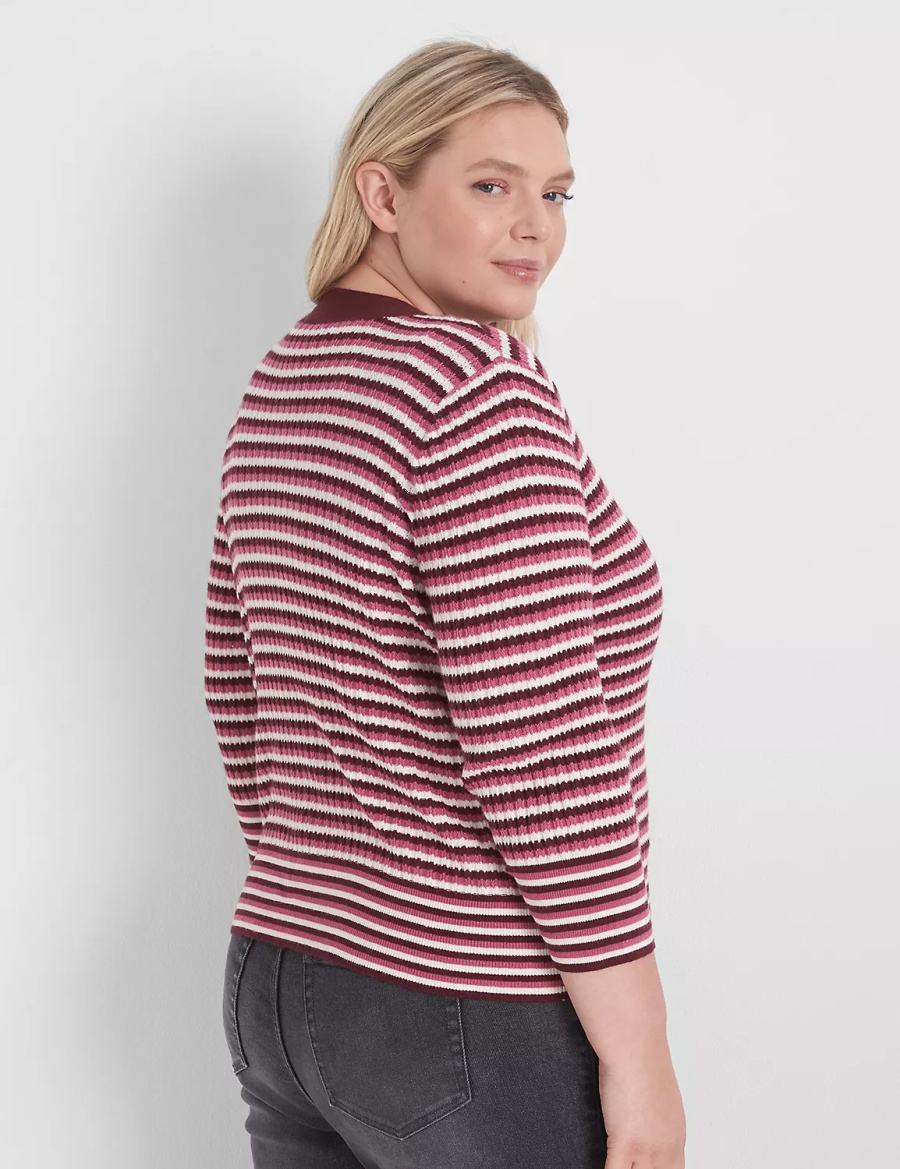 Lane Bryant Classic 3/4-Sleeve V-Neck Button-Front - Stripe Women Cardigan Red | XXQ8181OC