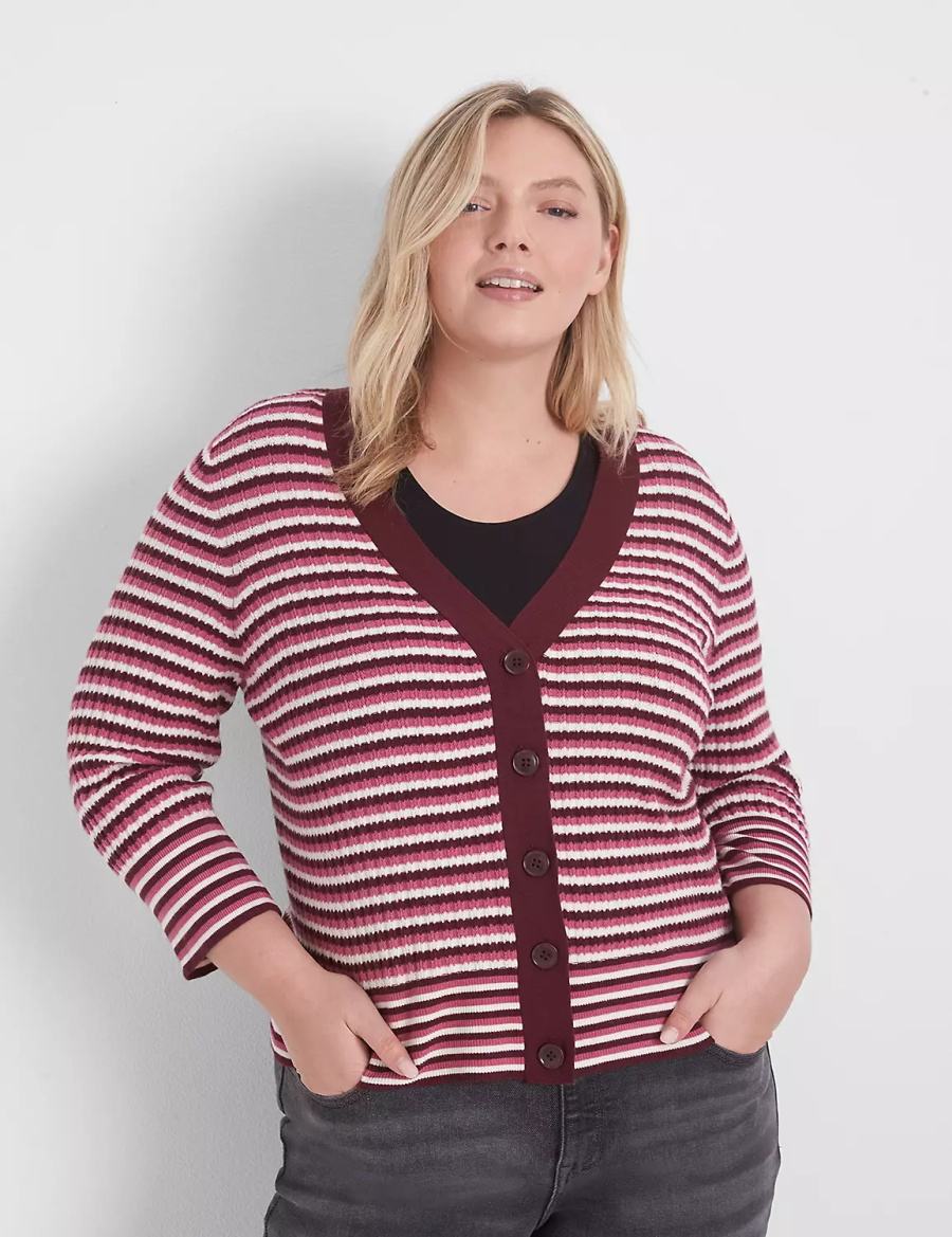 Lane Bryant Classic 3/4-Sleeve V-Neck Button-Front - Stripe Women Cardigan Red | XXQ8181OC