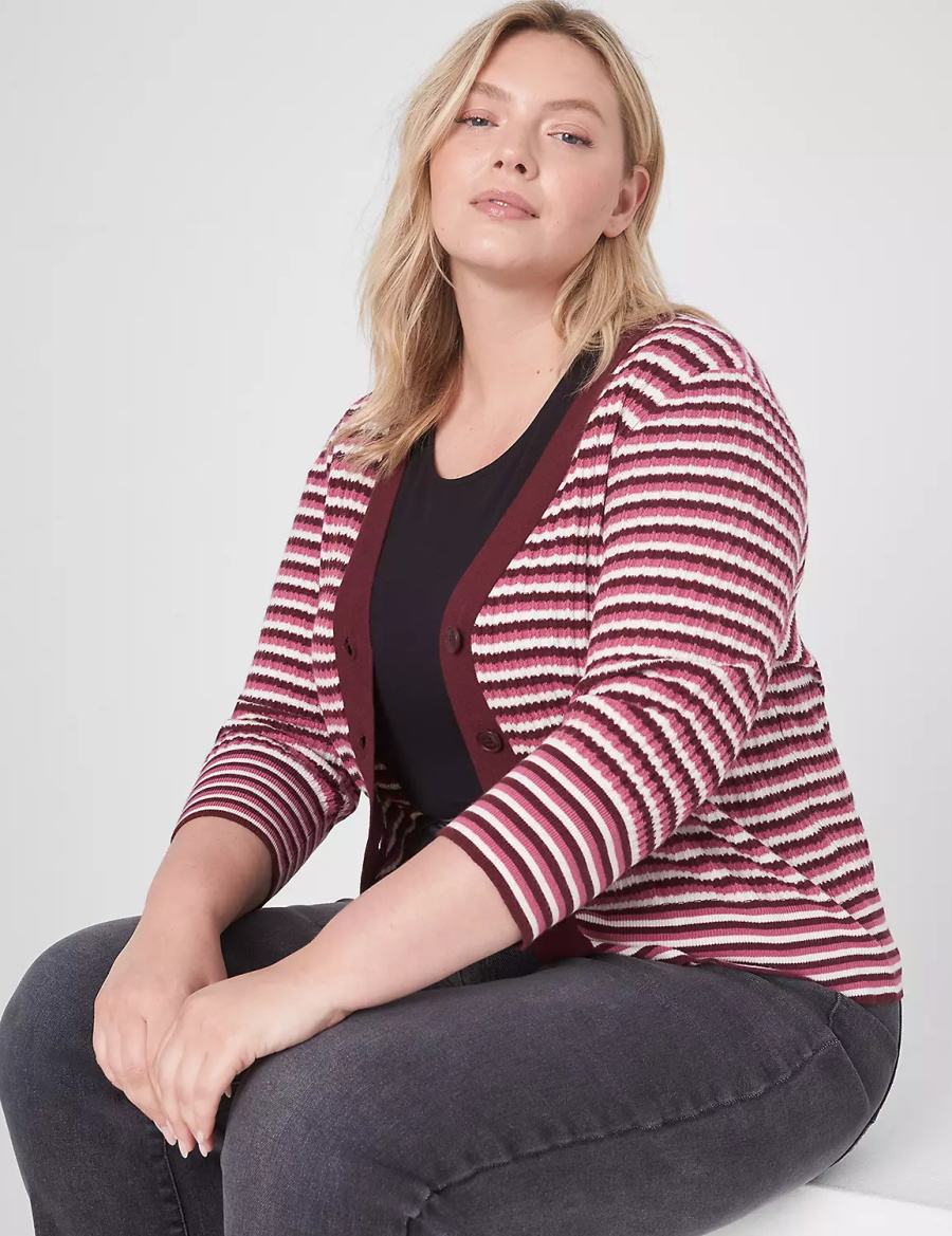 Lane Bryant Classic 3/4-Sleeve V-Neck Button-Front - Stripe Women Cardigan Red | XXQ8181OC