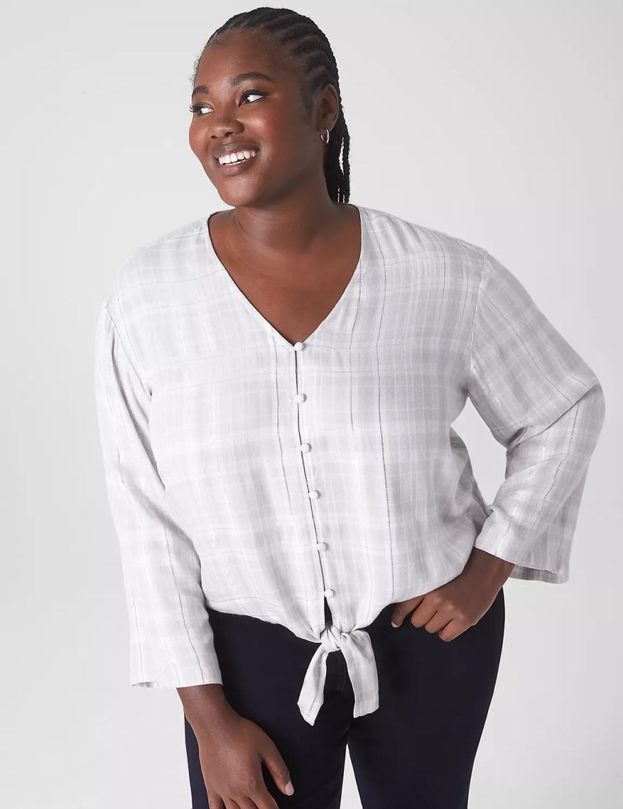 Lane Bryant Classic Button-Down Tie-Hem Top Women Shirts White | PSN5998YN