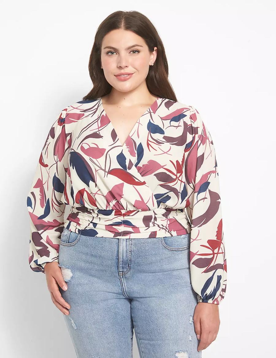 Lane Bryant Classic Long-Sleeve Surplice-Neck Shirred-Waist Crop Women Blouse White Multicolor | MYV572EX