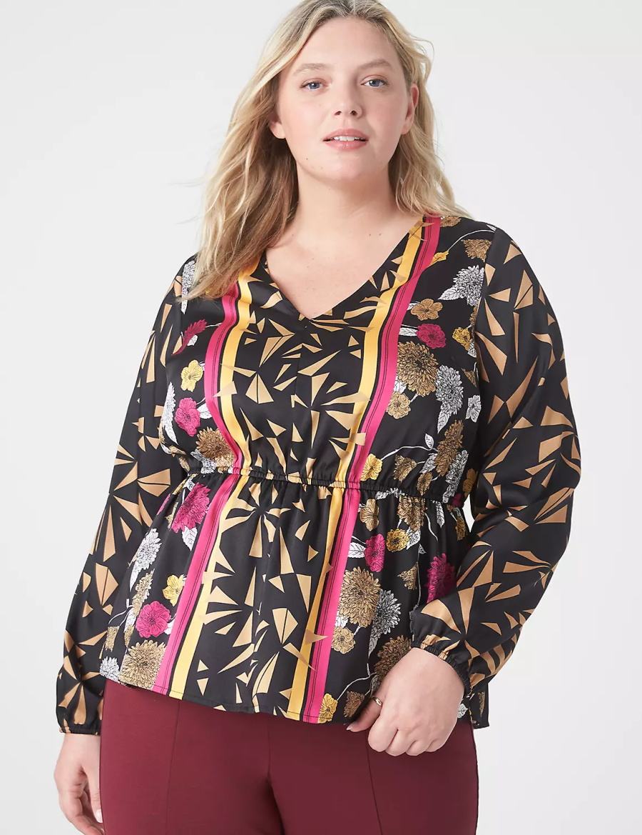 Lane Bryant Classic Long-Sleeve V-Neck Peplum Women Blouse Gold Multicolor | DXW9331VR