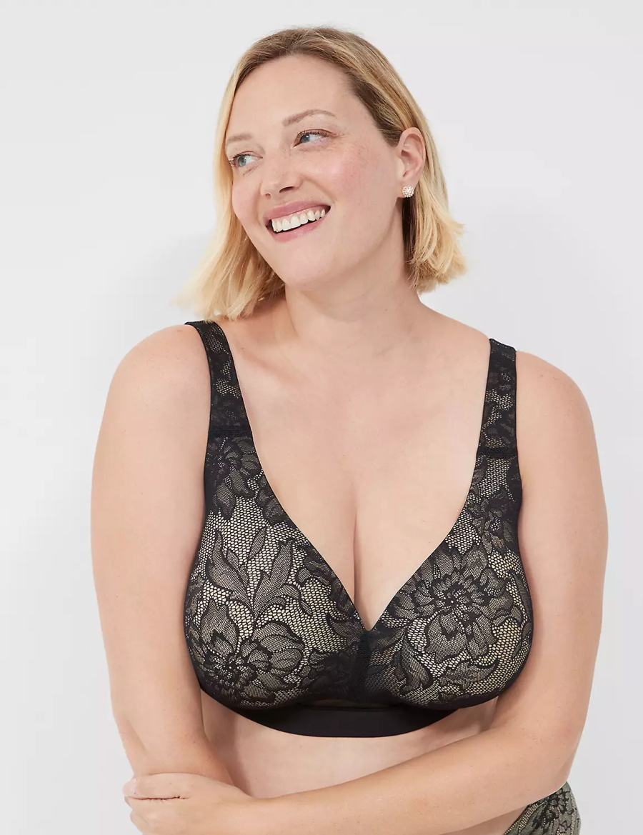 Lane Bryant Comfort Bliss Lightly Lined No-Wire With Lace Women Bralettes Black | TGW5586GJ