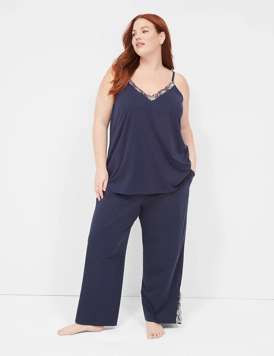 Lane Bryant Comfy Cotton Lace-Trim Block Women Pants Blue | KNE3587BG