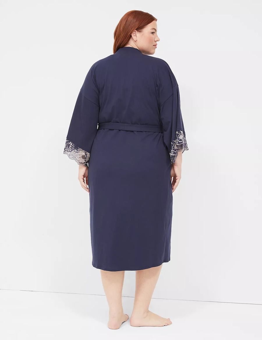 Lane Bryant Comfy Cotton Lace-Trim Midi Women Robe Blue | PEB9046TS