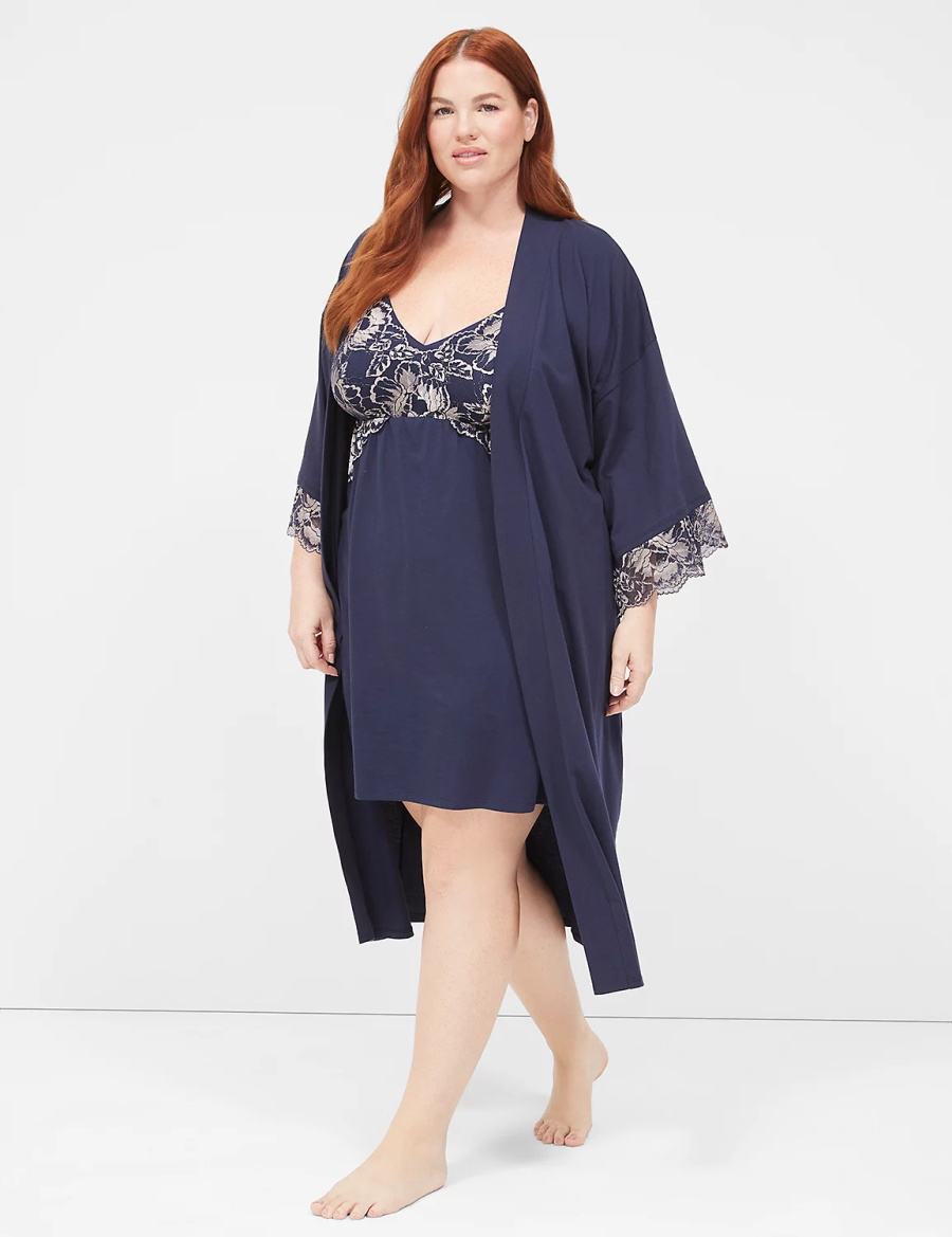 Lane Bryant Comfy Cotton Lace-Trim Midi Women Robe Blue | PEB9046TS