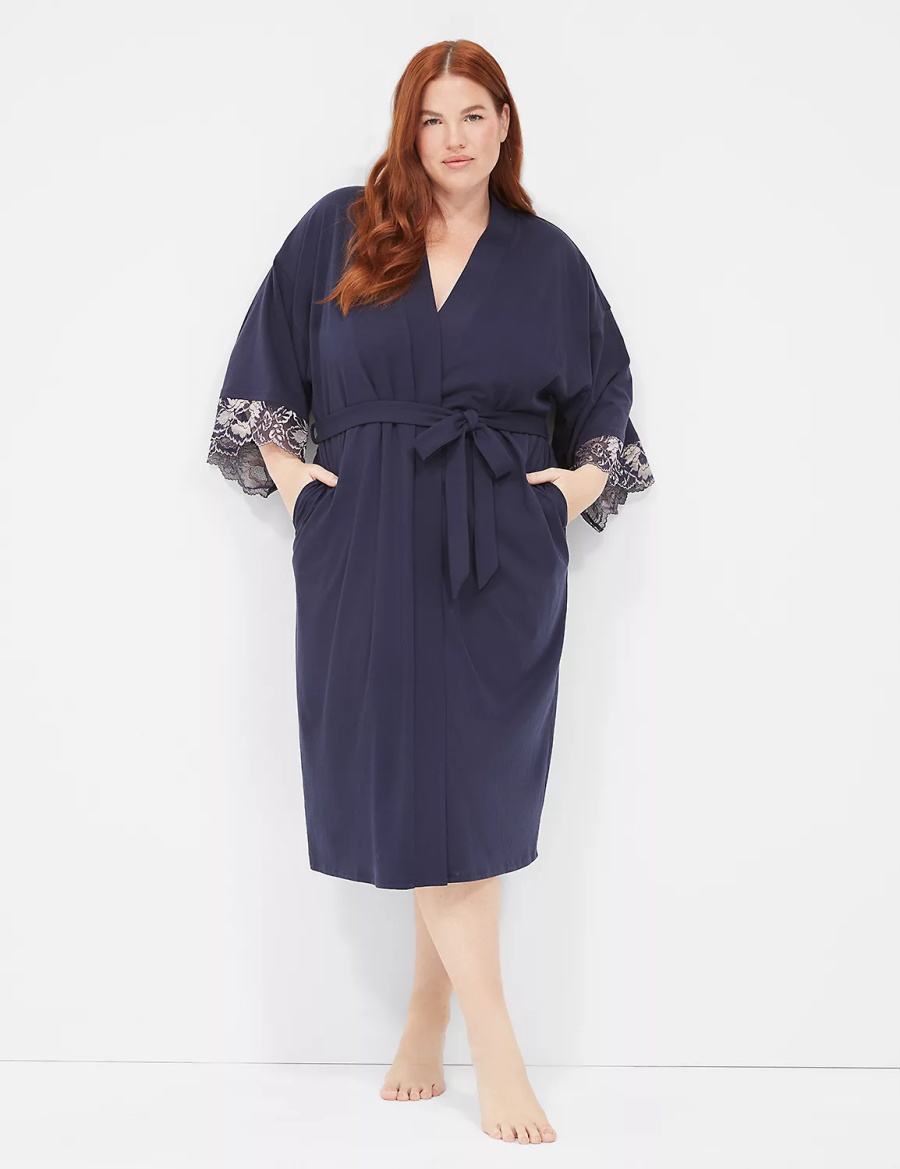 Lane Bryant Comfy Cotton Lace-Trim Midi Women Robe Blue | PEB9046TS