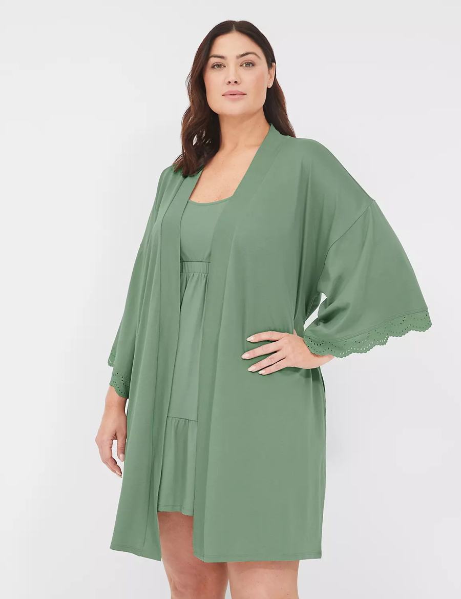 Lane Bryant Comfy Cotton Lace-Trim Women Robe Green | VRY4095VZ