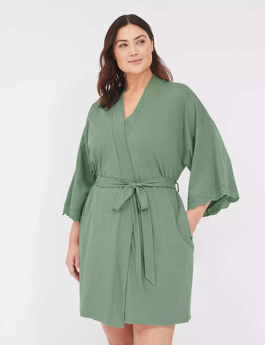 Lane Bryant Comfy Cotton Lace-Trim Women Robe Green | VRY4095VZ