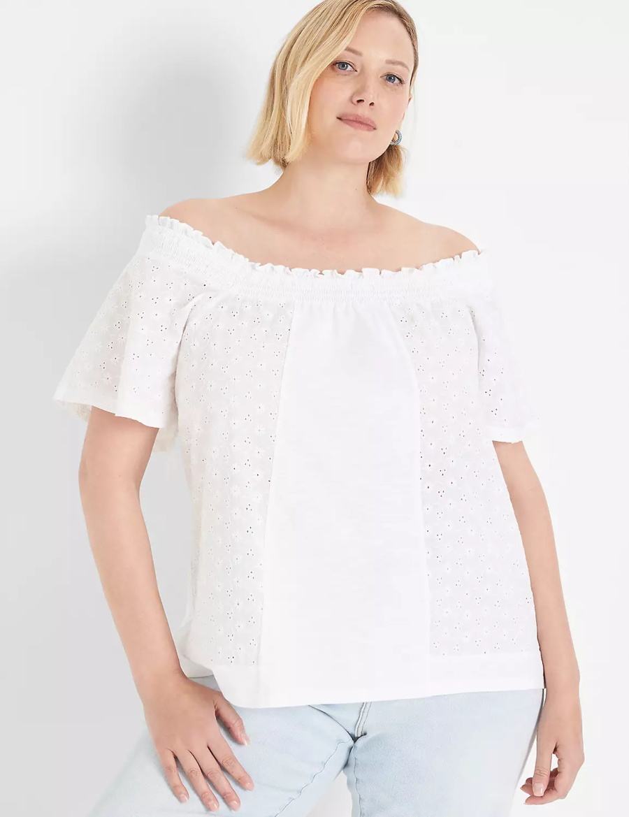 Lane Bryant Convertible Eyelet Woven & Knit Top Women T Shirts White | NCI1497AE