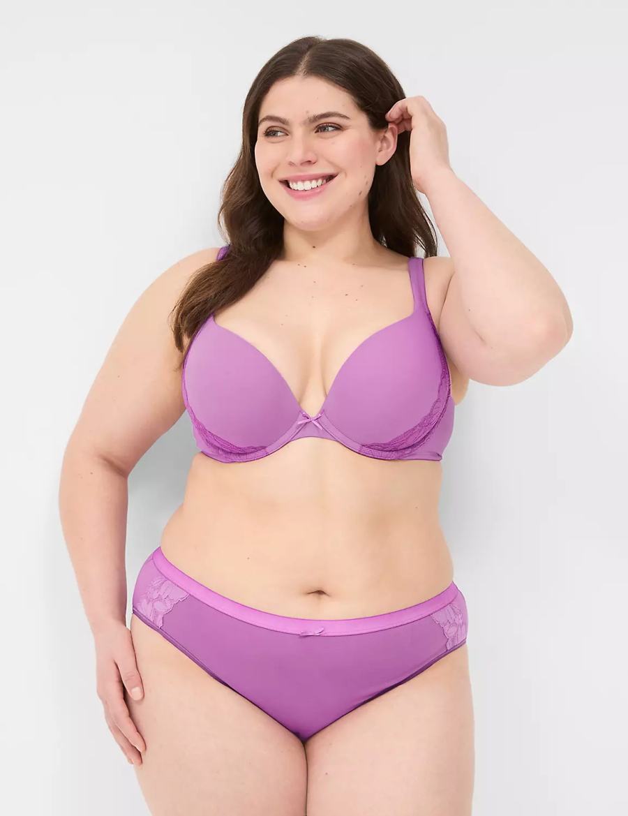 Lane Bryant Cotton Boost Plunge With Lace Women Bralettes Purple | HNV7462UB