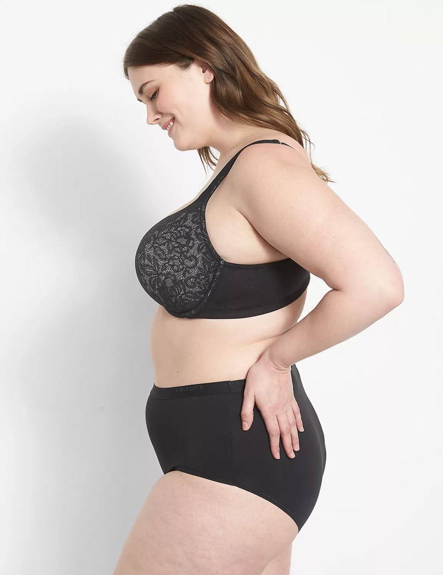 Lane Bryant Cotton Boost Plunge With Lace Women Bralettes Black | SUG1337XK