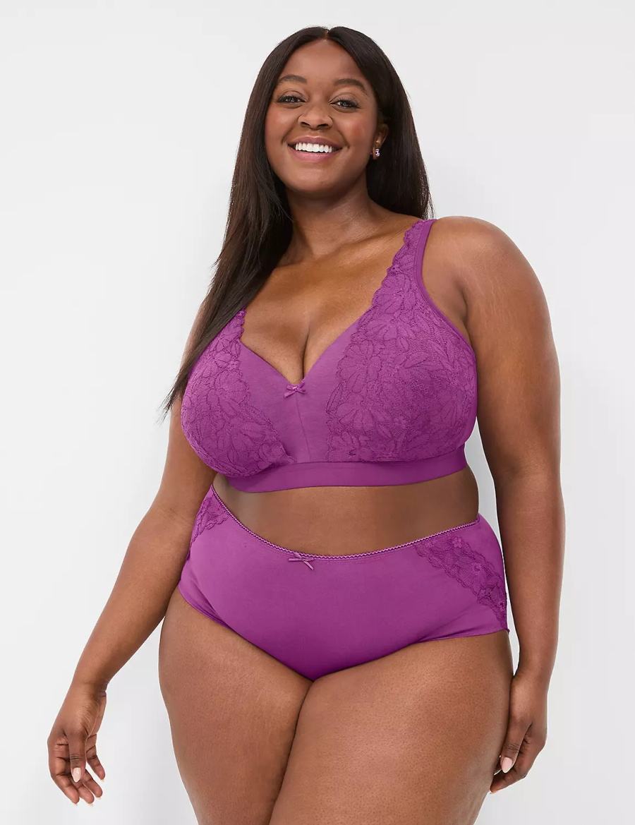 Lane Bryant Cotton High-Leg With Lace Back Women Briefs Purple | SUY4566EN