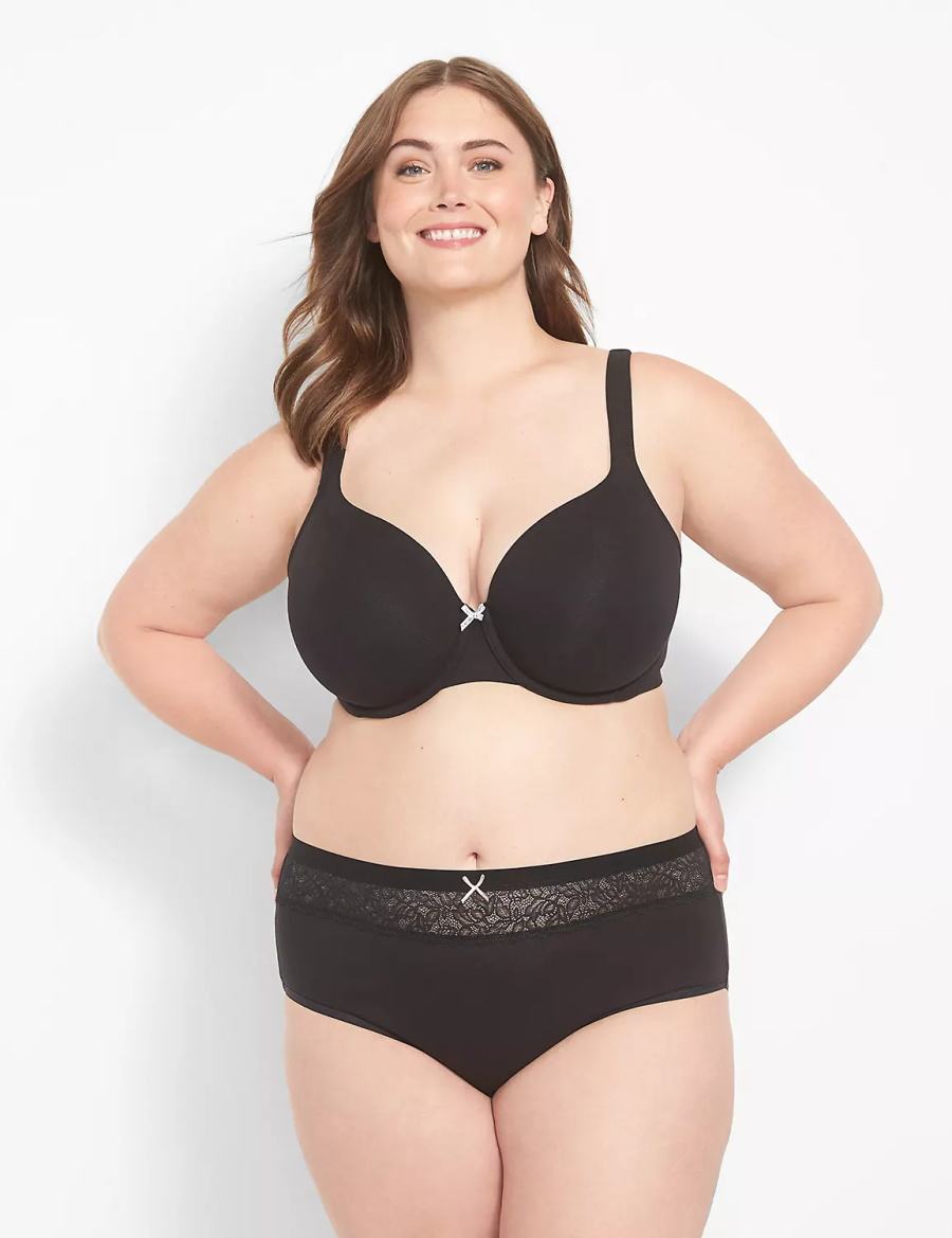 Lane Bryant Cotton High-Leg With Lace Waist Women Briefs Black | IEC9890XK