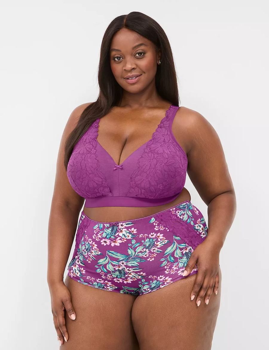 Lane Bryant Cotton High-Waist With Lace Back Women Briefs Purple | BRE2181WN