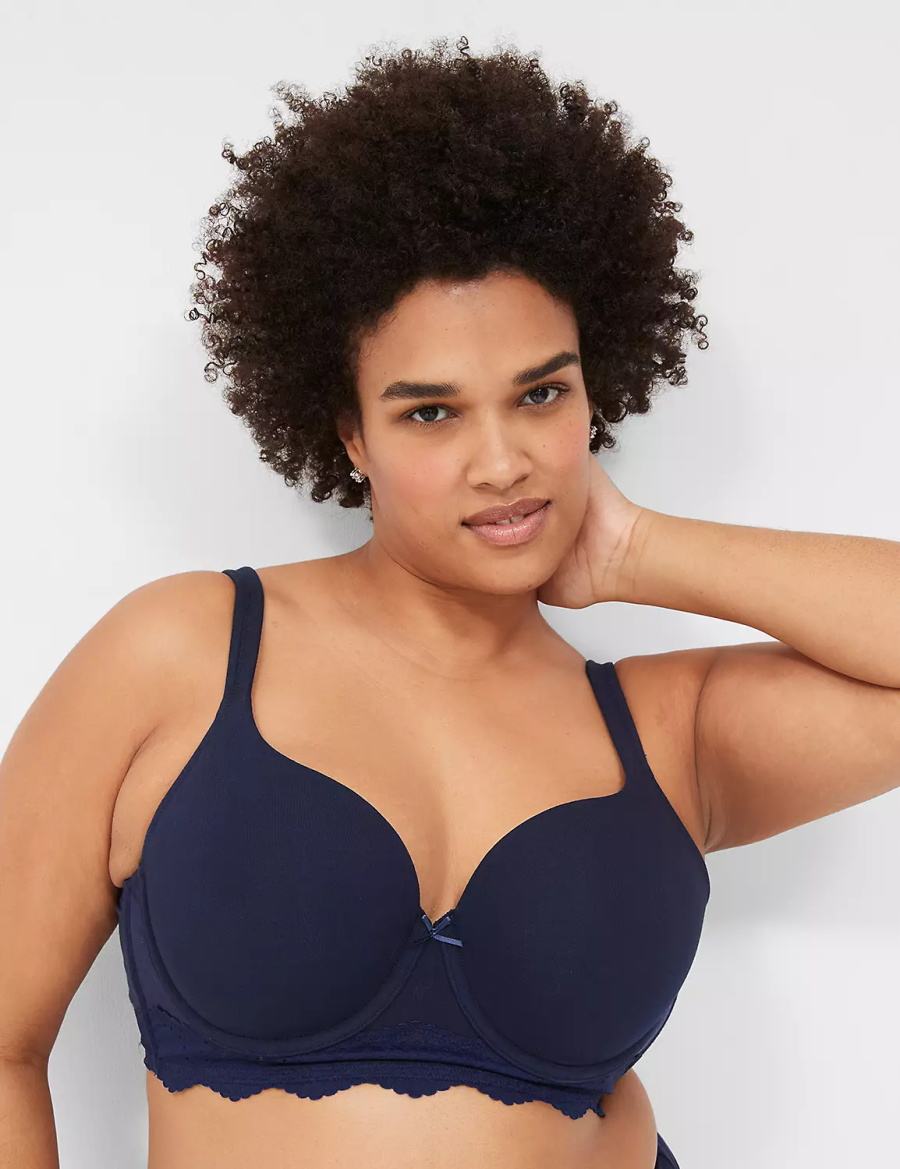 Lane Bryant Cotton Lace-Trim Longline Women T-Shirt Bra Blue | IIE6949XT