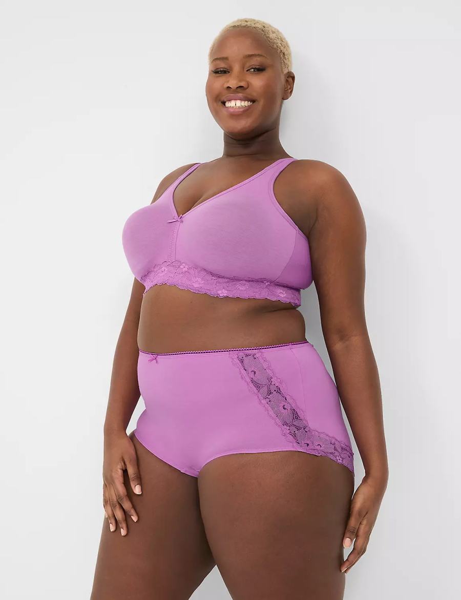 Lane Bryant Cotton No-Wire with Lace Women Unlined Bra Purple | ROV3241ZY