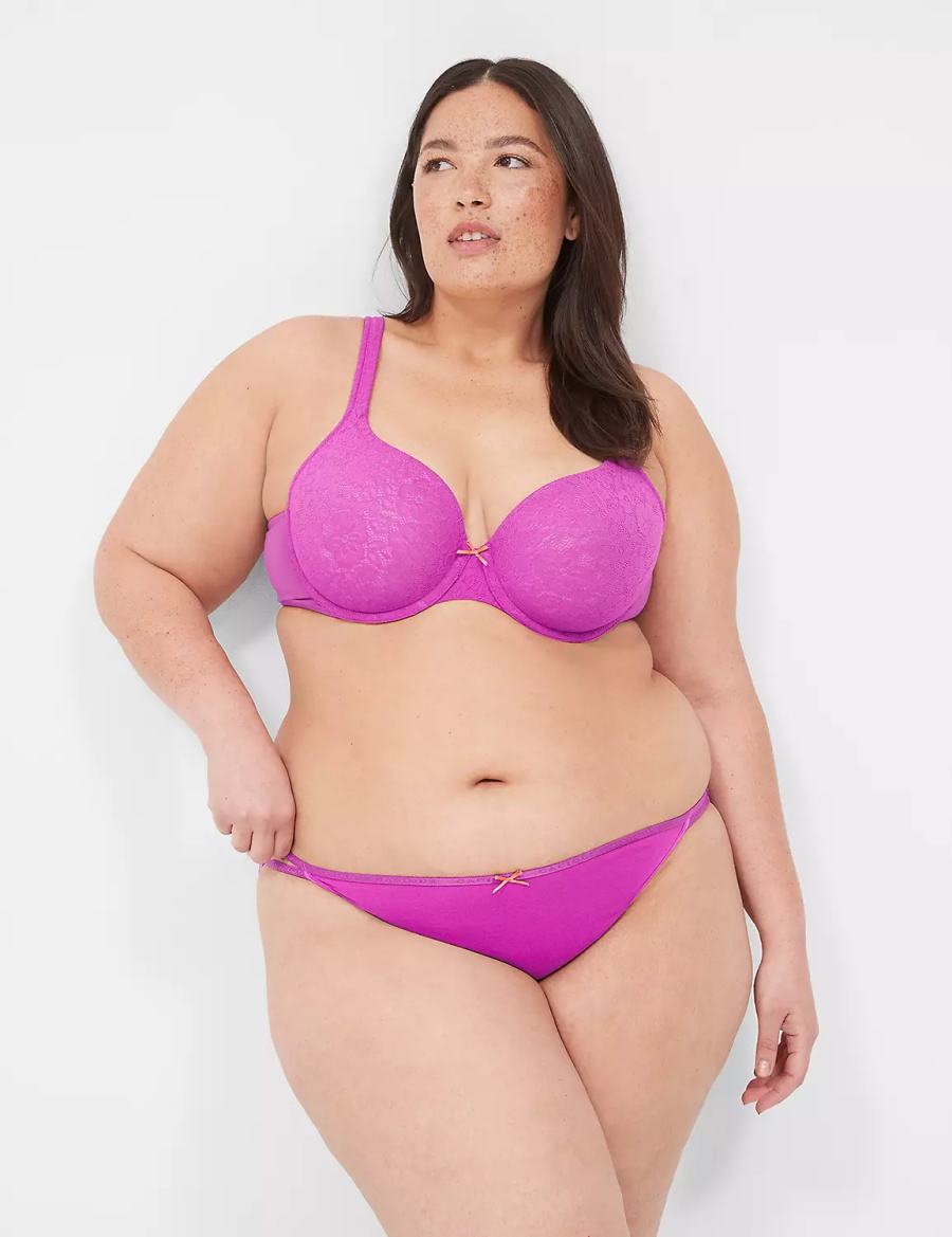 Lane Bryant Cotton String with Stretch Lace Back Women Bikini Panty Purple Burgundy | HIV6997KM